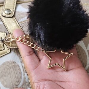 Black Pom Pom Gold Star Bag Charm Keychain Accessory NWOT